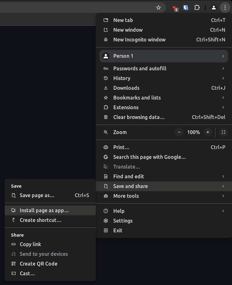Chrome save and share menu