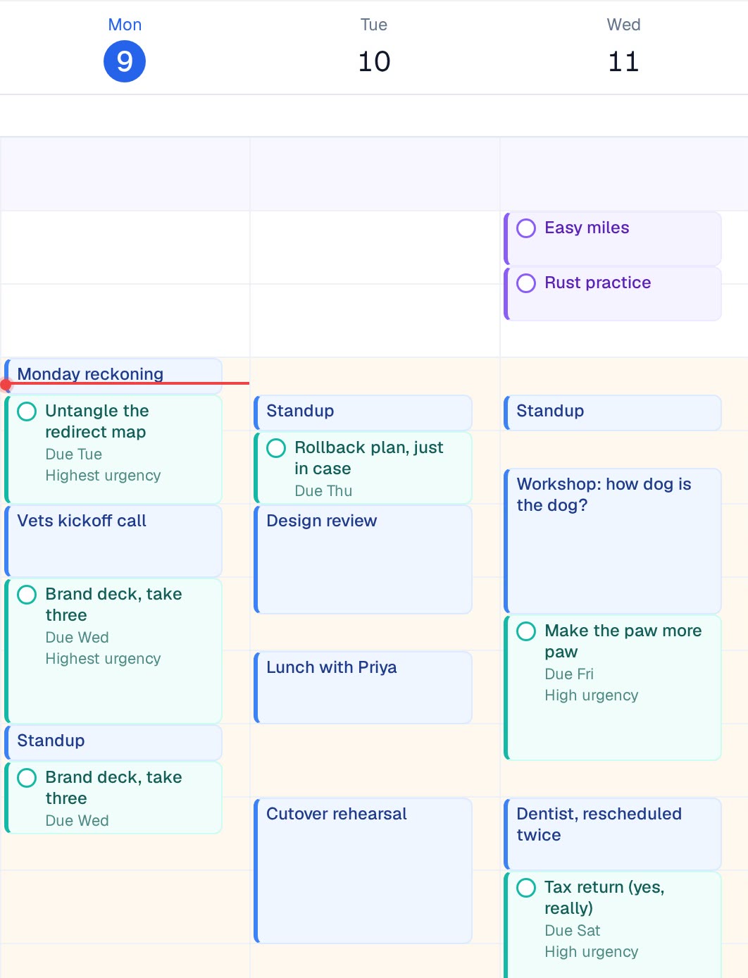 Monday to Wednesday in Increment, with teal task blocks scheduled between blue meetings and violet goal sessions in the mornings