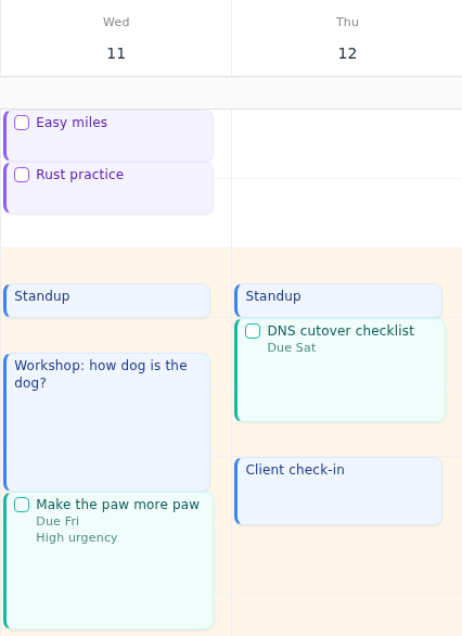Three days of an Increment calendar showing blue event blocks, teal task blocks and violet goal sessions side by side