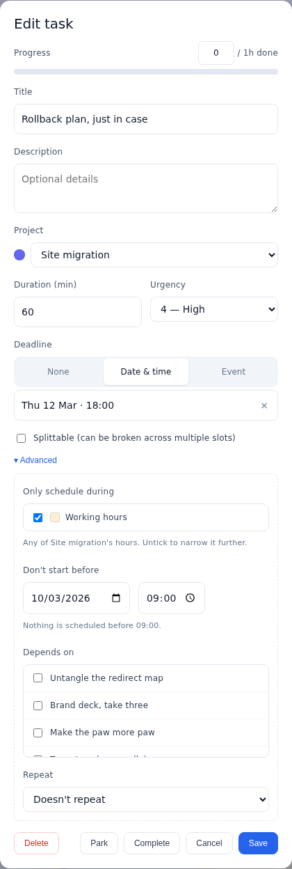 A task's advanced options in Increment: minimum chunk size, which hours it may use, an earliest start date, dependencies and a repeat rule