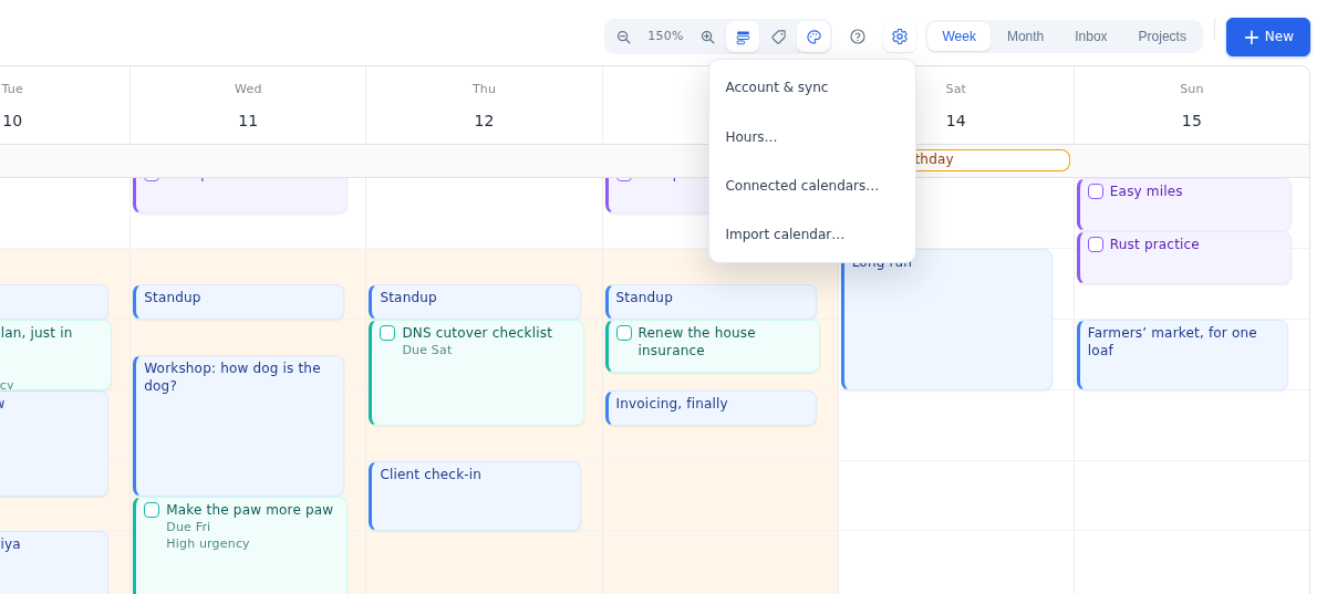 The Increment settings menu open, showing Account and sync, Hours, Connected calendars and Import calendar