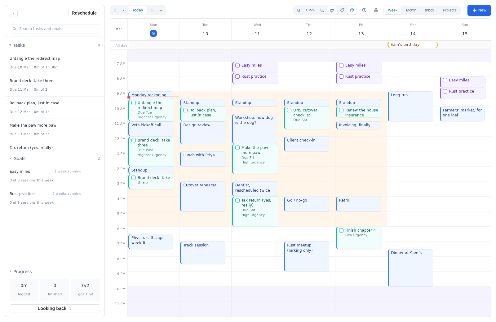The identical week coloured the default way instead: blue for every event, teal for every task and violet for every goal