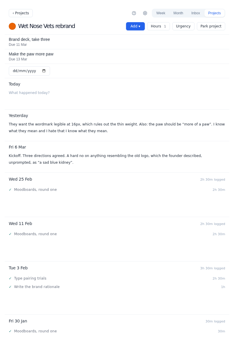 The Wet Nose Vets rebrand workspace: two outstanding tasks at the top, then today's empty note, then yesterday's and last Friday's journal entries, then finished work filed under each day with the time it took