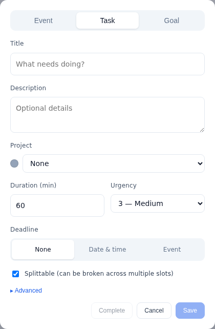 The Task tab of Increment's item editor: title, description, project, estimate in minutes, urgency, a deadline switch offering None, Date and time or Event, and a splittable checkbox