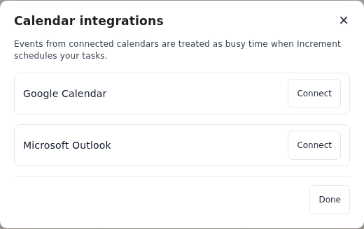 The Calendar integrations panel in Increment, offering Connect buttons for Google Calendar and Microsoft Outlook
