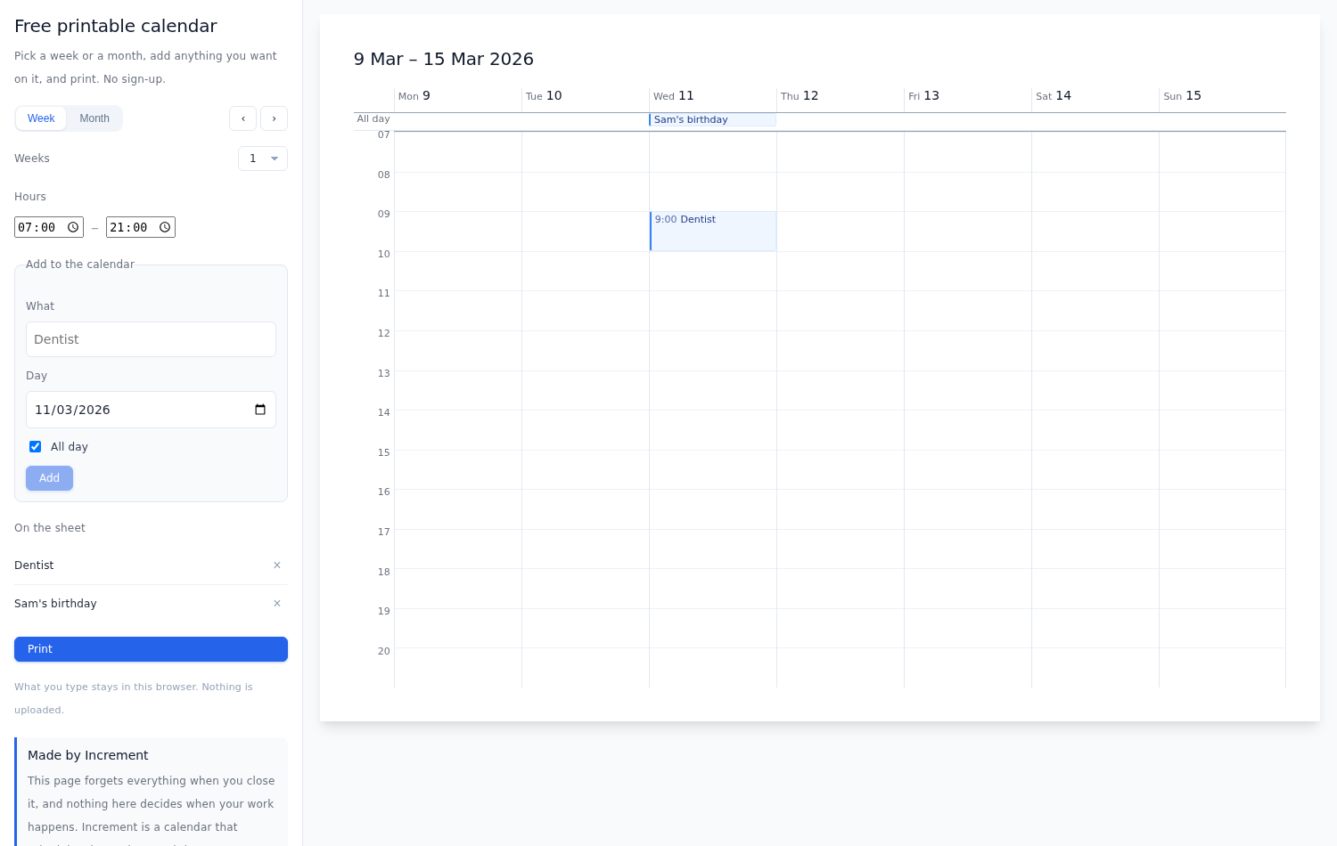 The printable calendar tool: a week sheet on the right, with controls for week or month, hours and events on the left.