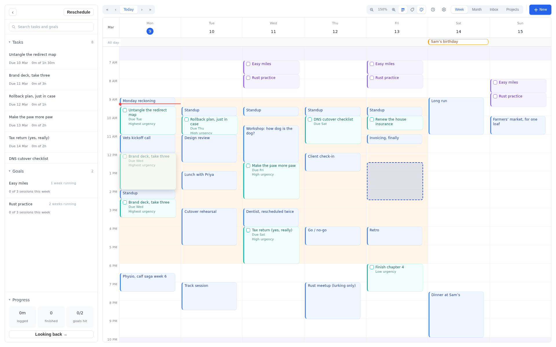 A task block mid-drag in Increment's week view: the source block faded on one day, a dashed drop preview showing where it will land on another
