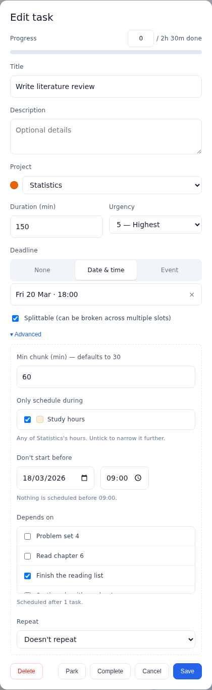 Task settings in Increment showing deadline, urgency, splitting and dependencies