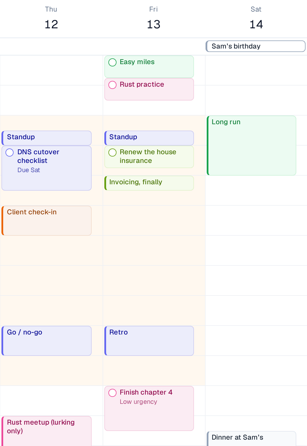 Thursday to Saturday in Increment coloured by project: indigo for Site migration, orange for Wet Nose Vets rebrand, lime for Life admin, green for Half marathon (allegedly) and pink for Learning Rust (again)